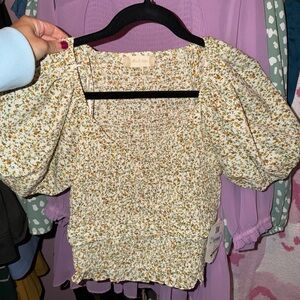 Altar'd State Floral Puff Sleeve Blouse - Cream and Brown